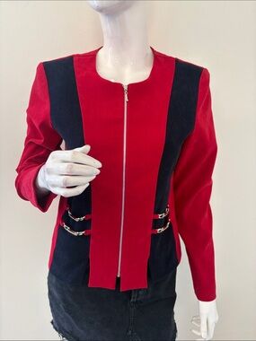 Vintage Fashion Bug Red & Black Zip-Front Jacket w Gold Tone Chain Accents